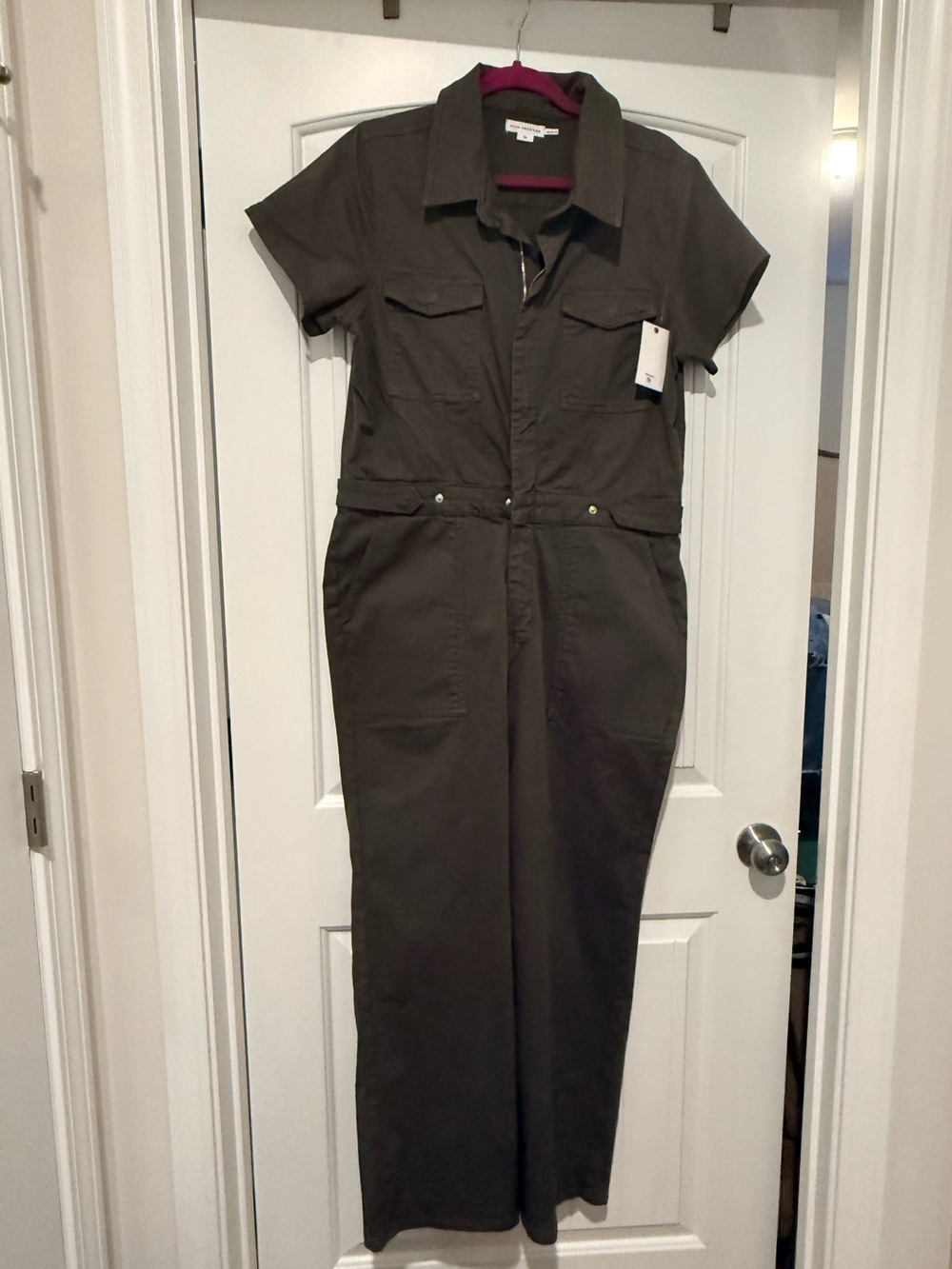 Good American Wide Leg Cropped Utility Jumpsuit in Olive